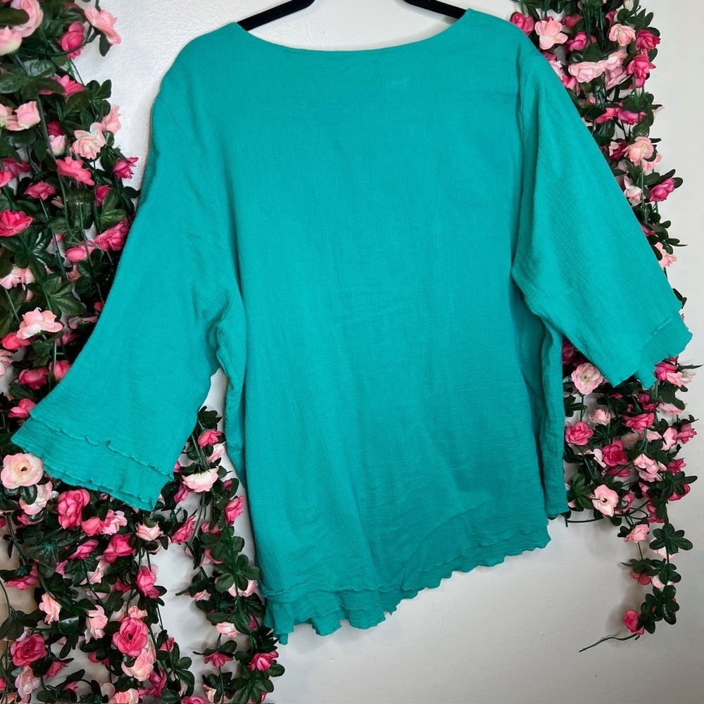 🌹 Soft Surroundings Top Womens 2X Teal Blue Long Sleeve Gauzy Layer 56612 - Picture 3 of 8